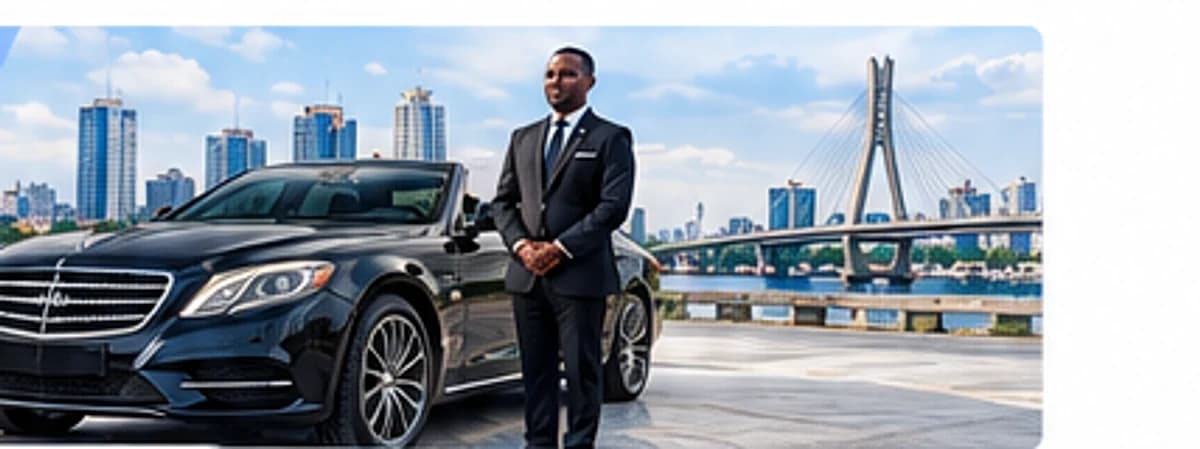 A chauffeur beside a black Mercedes-Benz S-Class on the Lagos waterfront